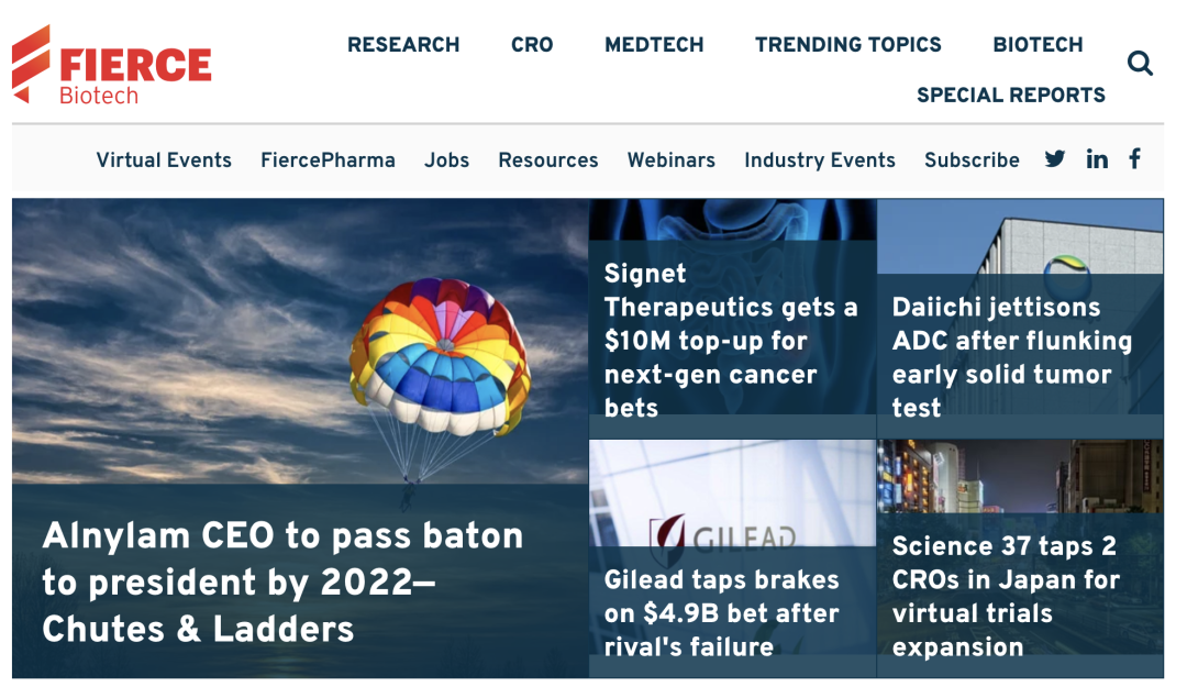 希格生科(Signet Therapeutics)登上Fierce Biotech首页推荐